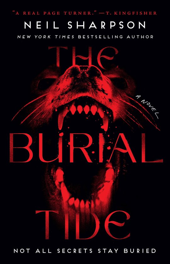 Boek kaft van 'The Burial Tide' met een rode, woeste hondenkop met opengesperde bek.