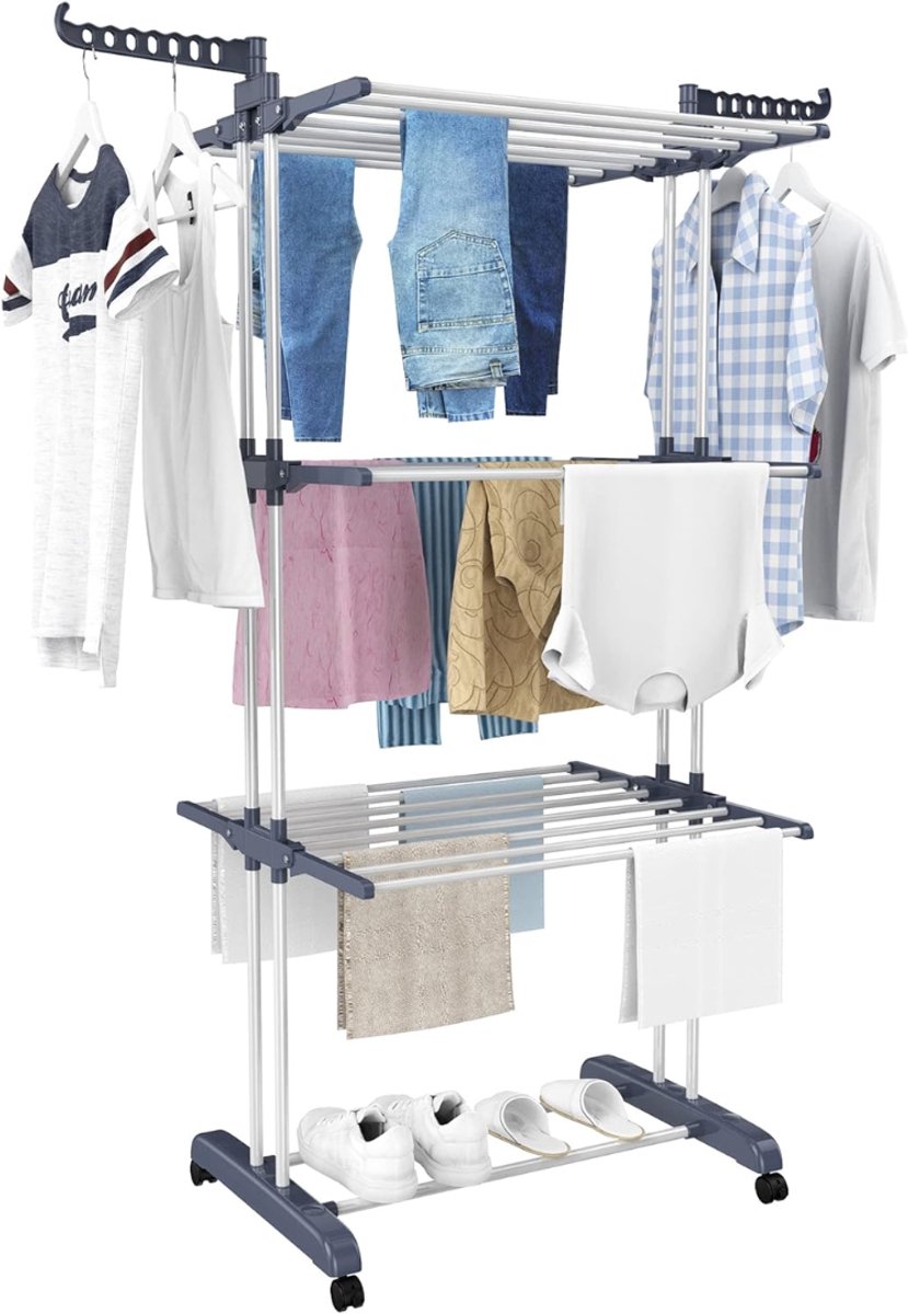 Lìon® Droogrek - Gewichtslimiet 30kg - Wasrek - Wasrek Staand - Zwart en Zilver - 76cm x 50cm x 172cm