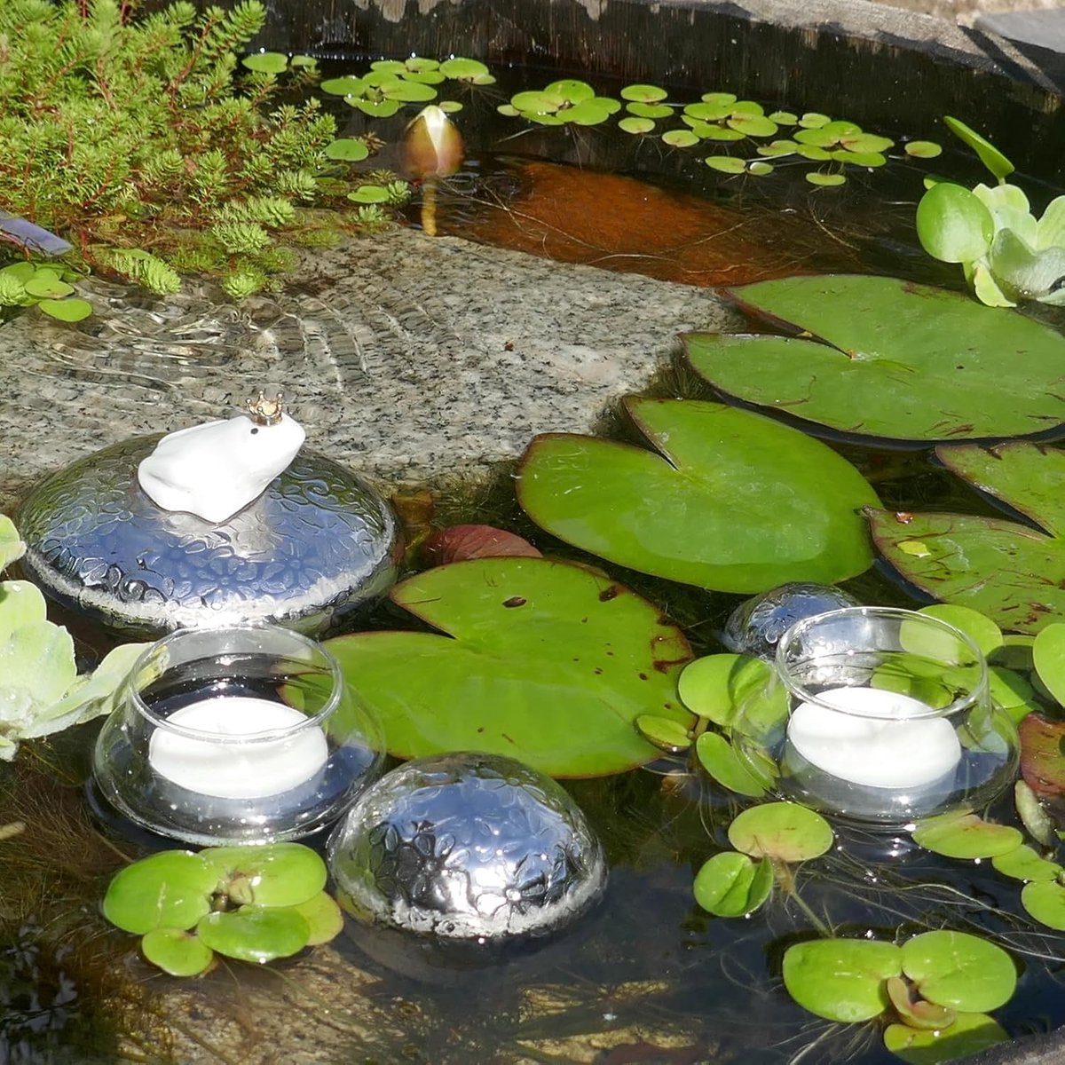 Gartenzaubereien Mini-vijver, complete set met zwemkikker, keramische zwemballen en theelichtschalen