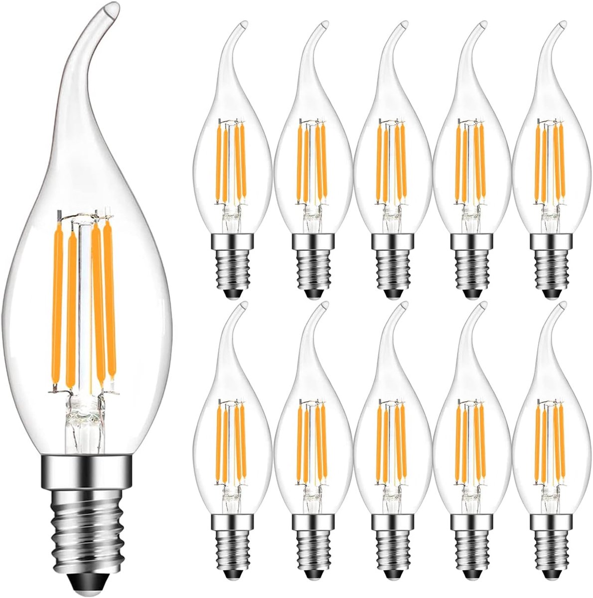 10 Pack E14 Flame Tip LED Filament Kaars Lamp, 4 W 300 LM - 25 W Gloeilampen Equivalent - Kleine Edison Schroef Mat Kaars Lamp, 2700 K Warm Wit, Niet-Dimbaar