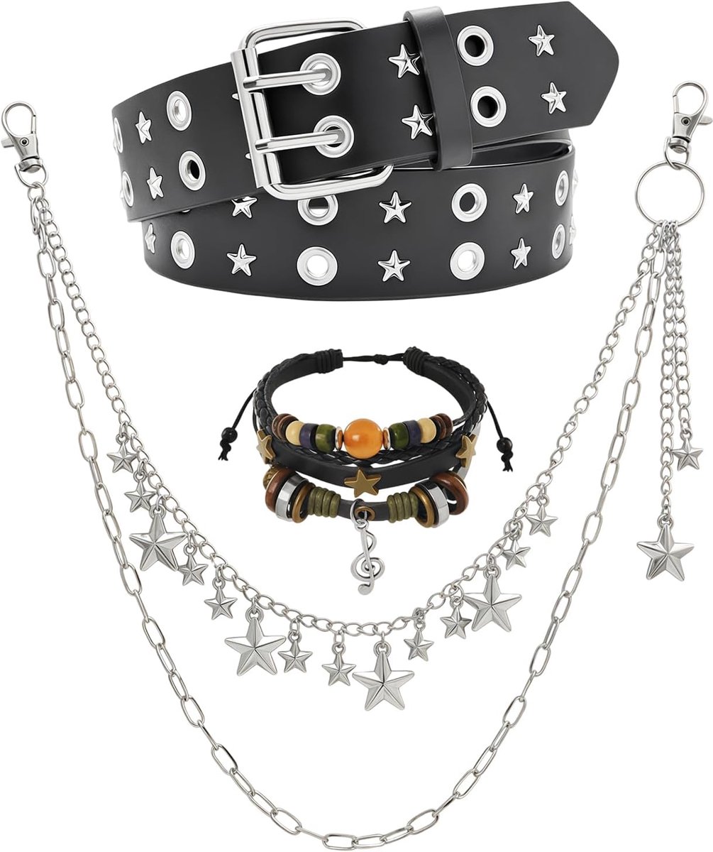 3-delige Y2K Grunge accessoireset, punk emo kunstleren nieten riem