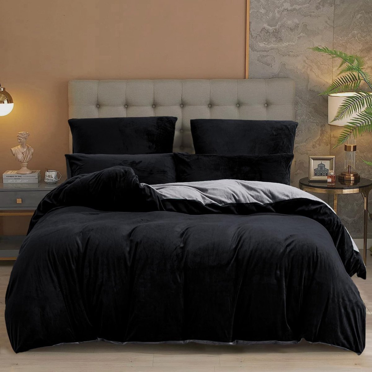 Winterse Bedlinnen Set 155 x 220 cm - Zwart Grijs Pluche Cashmere Touch - Omkeerbaar Fluffy Fleece Dekbedovertrek met Rits en 2 Kussenslopen - Cosy en Comfortabel