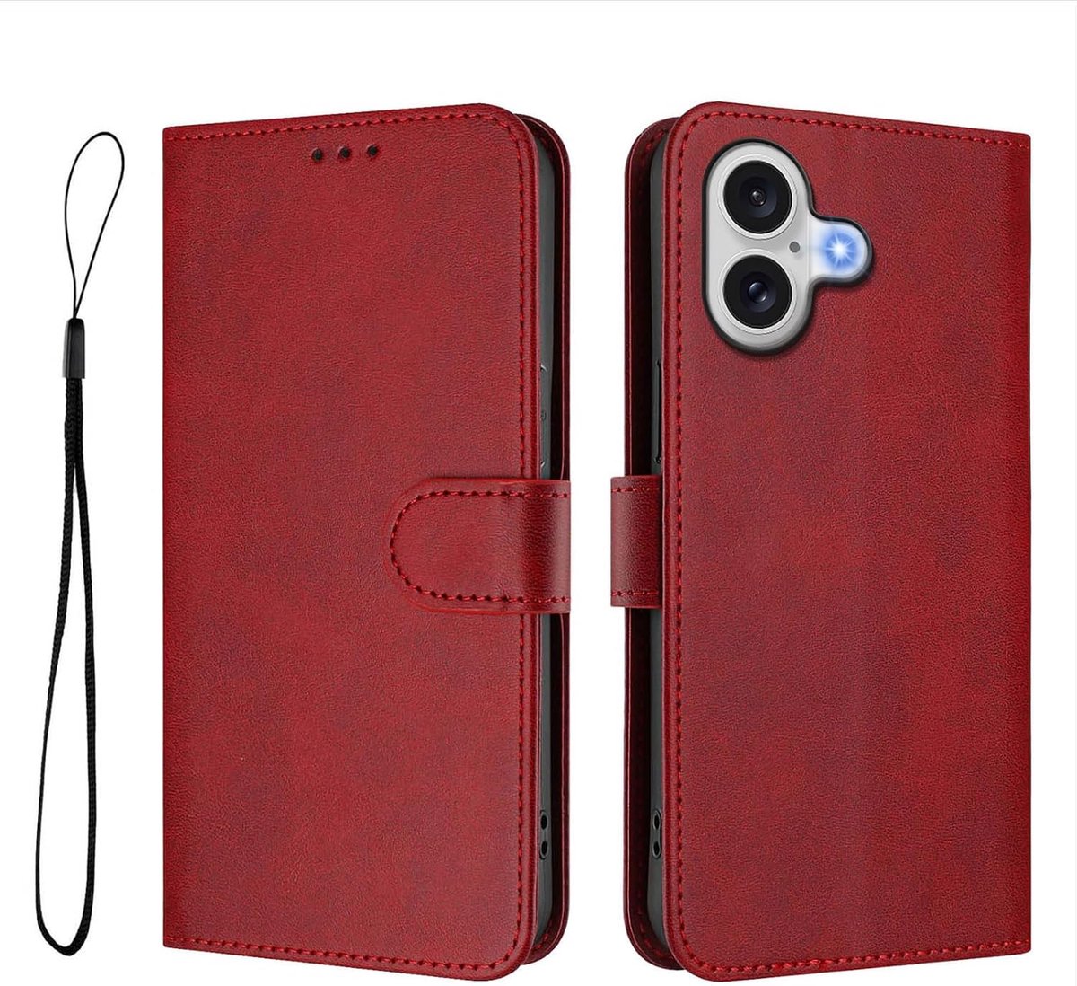 Compatibel voor iPhone 17 (6.3 Inch) 2025, Flip Cover met RFID-Blokkering, 3 Kaartenvak, Klapstandaard, Polsband, Wijnrood