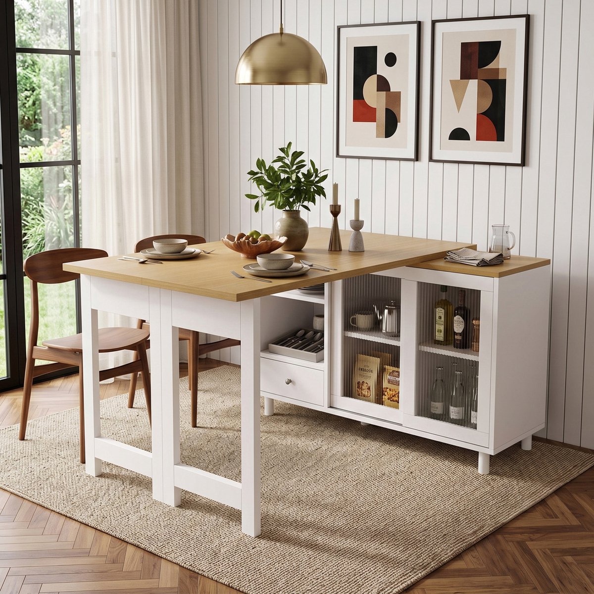 MIVRAY Eettafel - Uitschuifbaar En Opklapbaar Met Opbergruimte En Glazen Deur - Modern Voor Woonkamer - Wit - 120 X 40 X 75,5 Cm