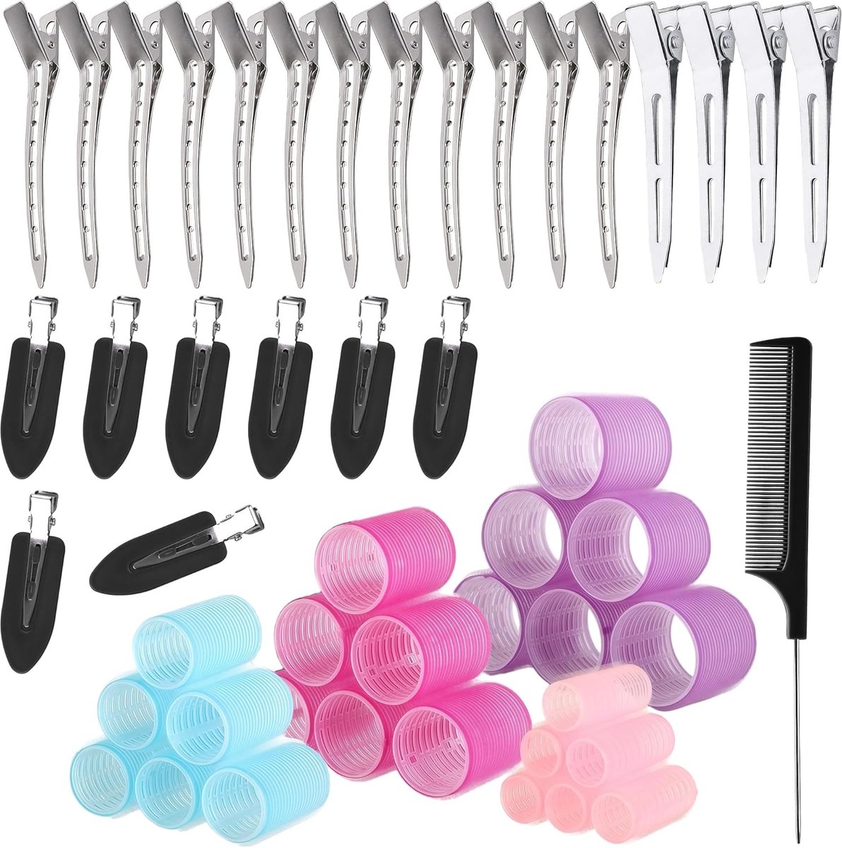 haarkrulderset met clips, 4 maten (60/48/36/25mm) voor lang, middellang en kort haar, zelfklevende haarrollers met clips, plastic haarrollers groot (due colors)