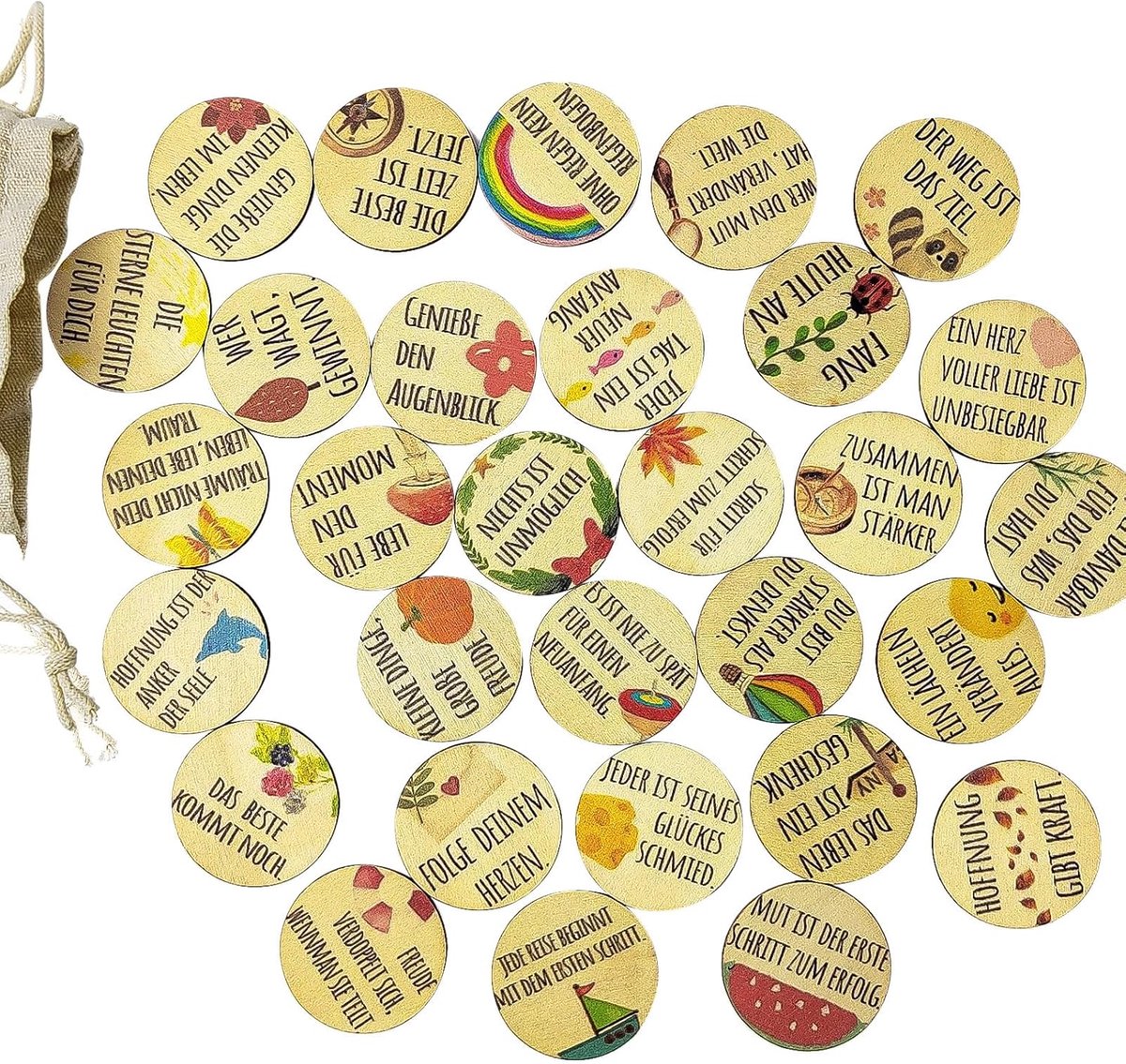 30 stuks geluksbrengers van hout, met spreuken, Ø 4 cm, verschillende patronen, tafeldecoratie, aanmoedigingsgeschenken, voor feestelijke dagen, verjaardag, bruiloft, doop