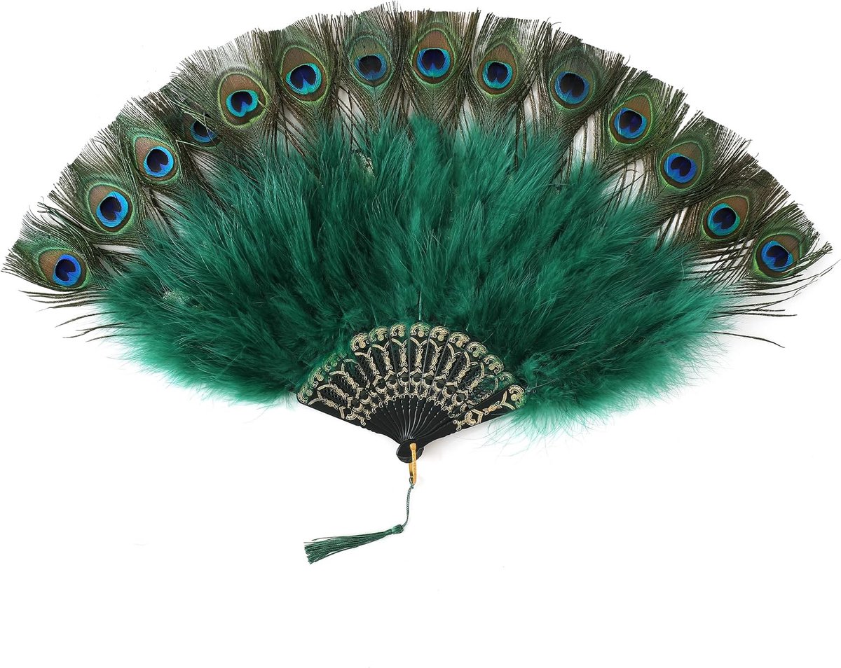Roaring 20s Vintage Stijl Pauw & Zwarte Maraboe Veer Fan Flapper Accessoires voor Kostuum Halloween Dancing Party Tea Party Variety Show GoldribDarkgreen