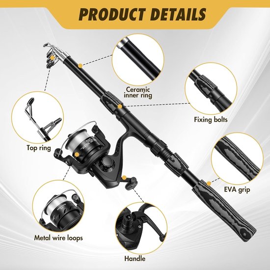 Complete Visset - Hengel Set - Zoet Zoutwater - Telescopisch Compact - 1.8 Meter - Zwart — afbeelding 2