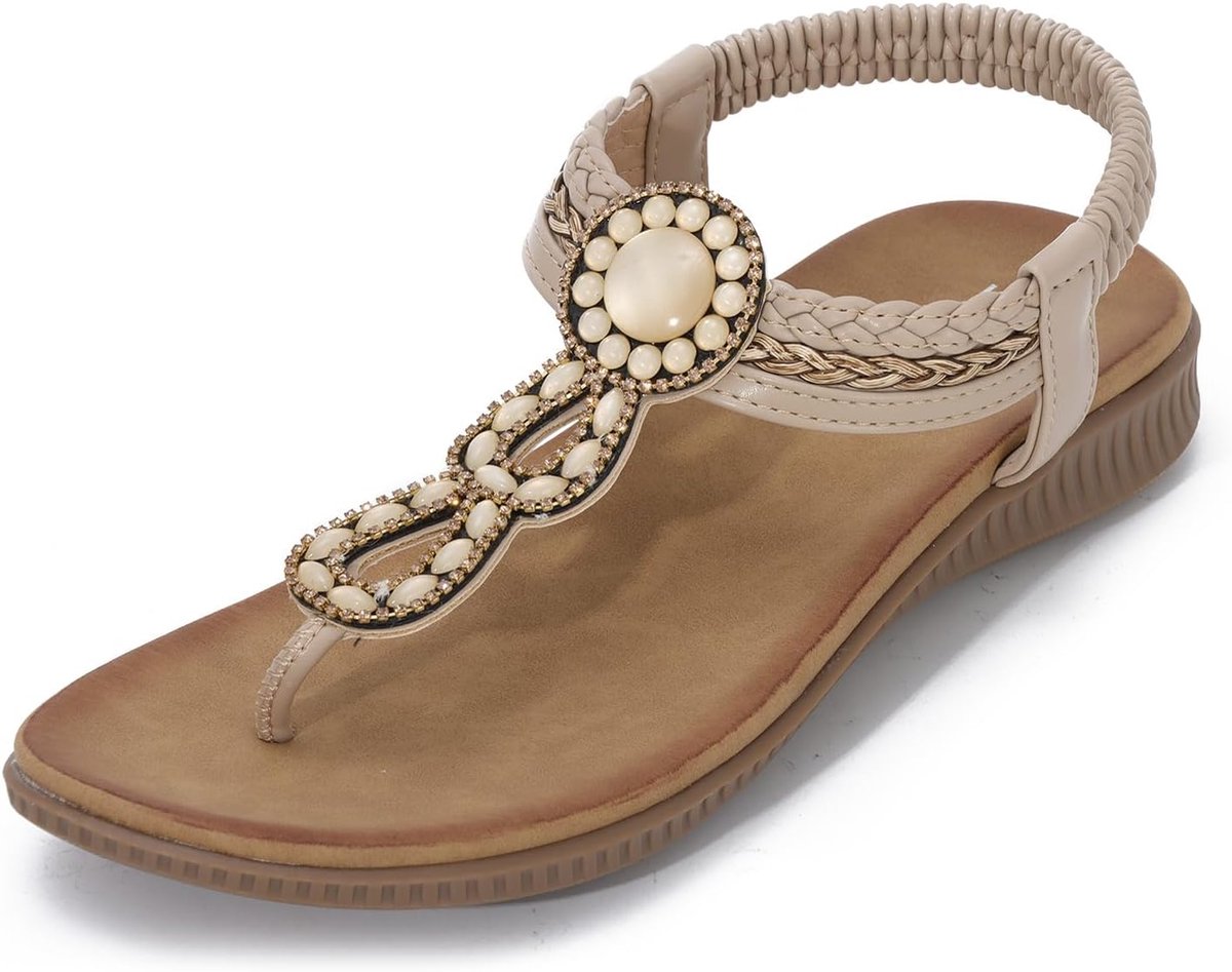 Platte sandalen voor dames, met strass, zomer, Boheemse lederen