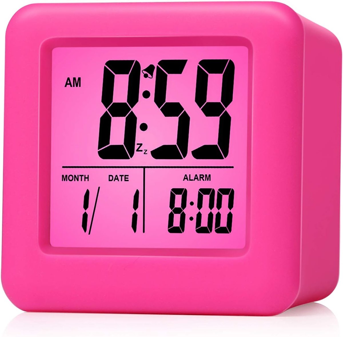 Digitale Wekker Kinderen Wekker met Snooze en Nachtlampje - Gemakkelijk Instellen Siliconen Klok Display Tijd, Datum - Luid Wekker voor Slaapkamer - Werkt op batterijen(Roze)