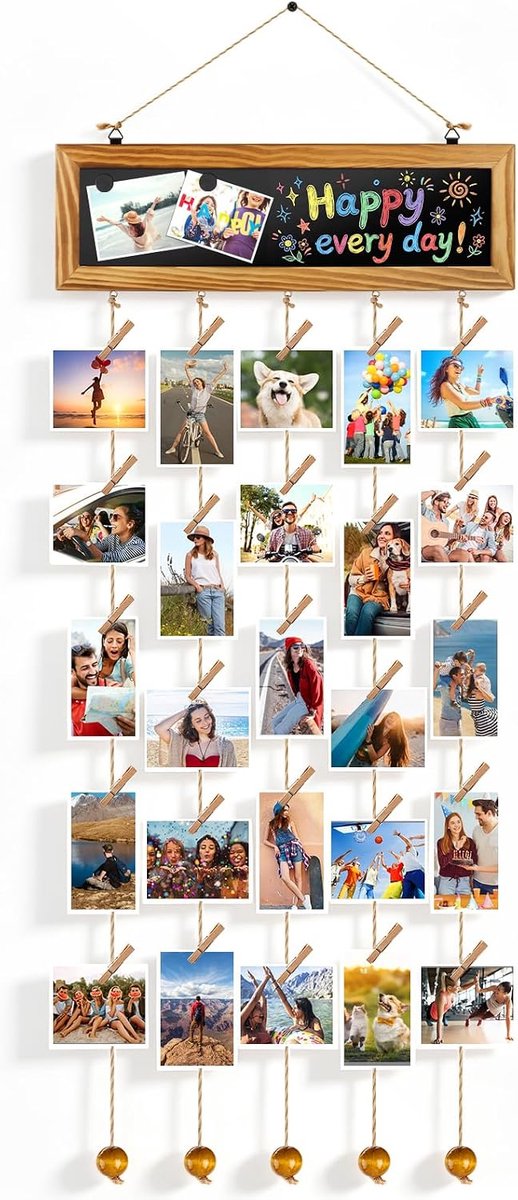 Fotogordijn fotolijst met 30 klemmen en lijn, doe-het-zelf fotowand | Fotolijst collage, ansichtkaarten ophangen, fotoslinger voor verjaardag, bruiloft, Kerstmis en woondecoratie