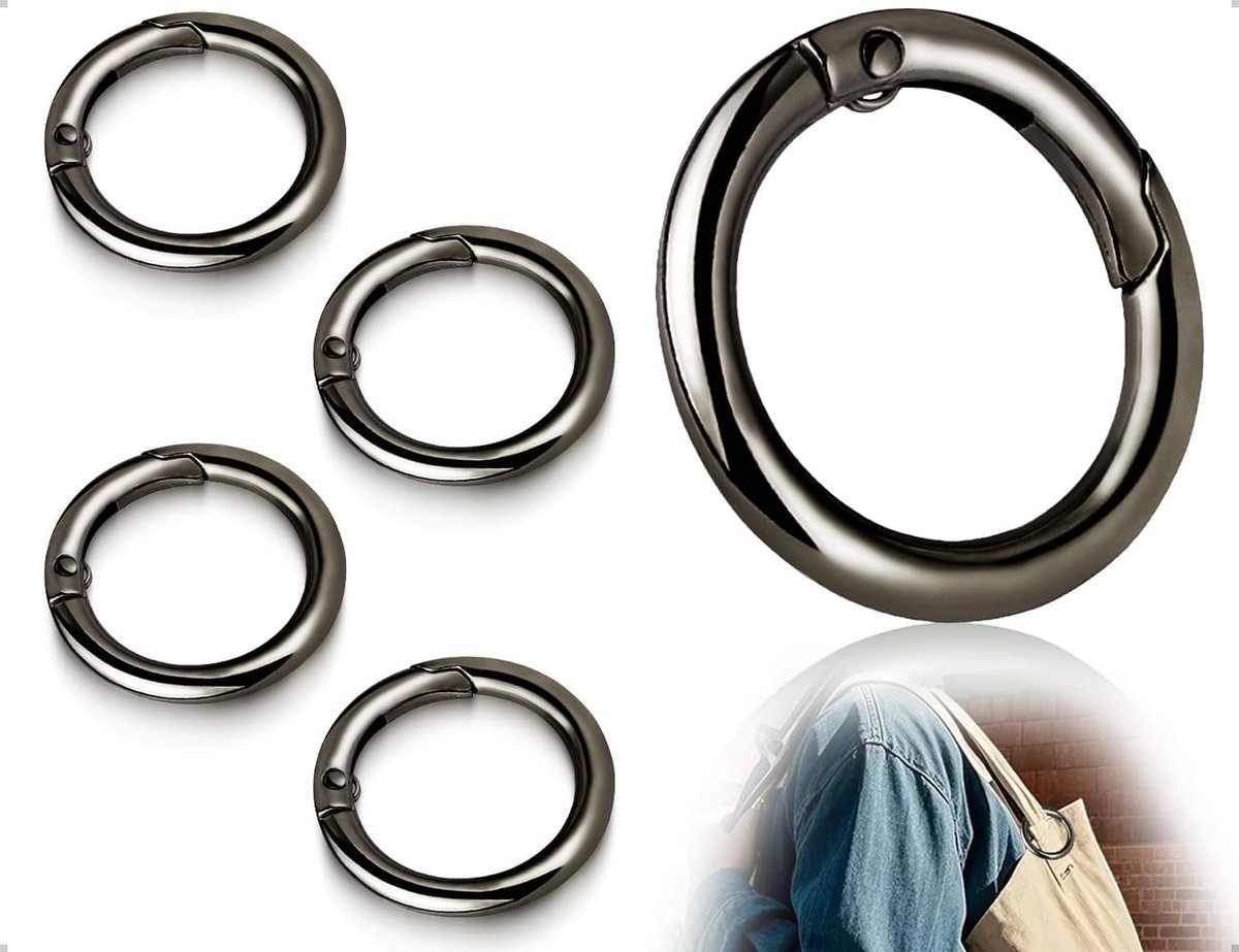 4 stuks karabijnhaken, ringkarabijnhaak van zinklegering, karabijnhaak, borgring, borgring, sleutelring, reserveveerclip, voor doe-het-zelf sleutelhangers (zwart, 25 mm, rond)