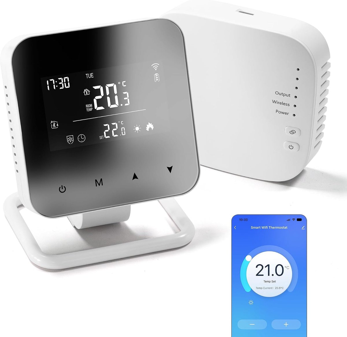 Slimme draadloze thermostaat met WiFi en RF-ontvanger (3A) voor cv-ketel en vloerverwarming, 7-daagse programmeerbare kamerthermostaat, spiegelend scherm, opbouwmodel, compatibel met Tuya, Alexa