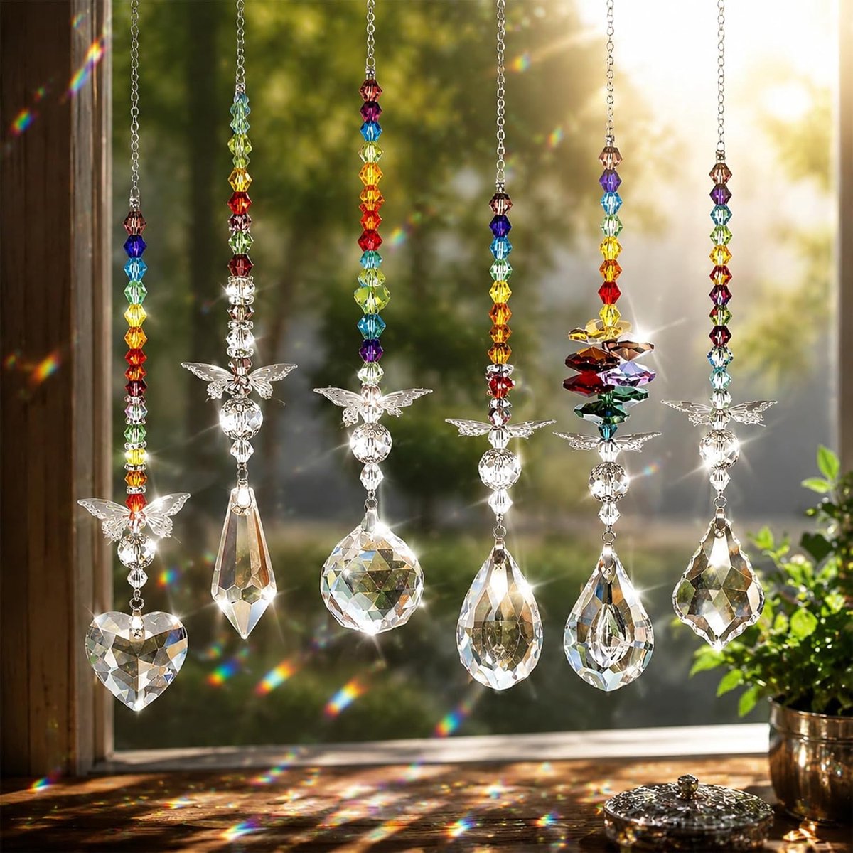 6 Stuks Kristallen Zonnevanger Vlinder, Regenboog Prisma Raamdecoratie | Kant-klare kristallen zonnevanger hangen, schitterende lichtreflecties, voor huis, tuin, balkon, cadeau voor bruiloft kerst