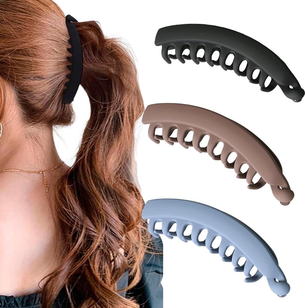 Set van 3 antislip paardenstaart-haarclips voor dames en meisjes met dik haar, bananenspelden, haarhouder, voor het binden van paardenstaarten, grote klemmen voor eenvoudige styling