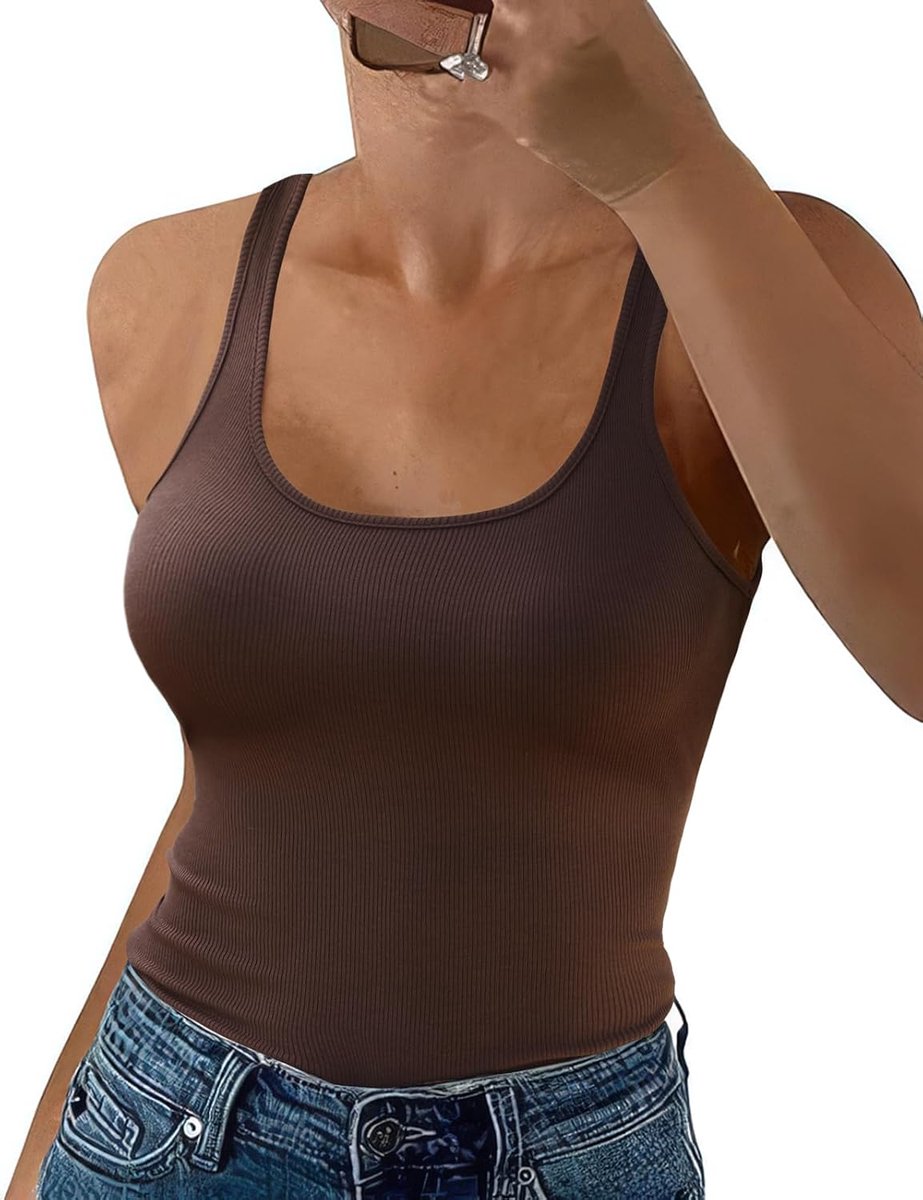 Tanktop voor dames, mouwloos, zomer, sexy top, tanktop, U-hals, elastisch, elegant, casual, basic shirt, smalle pasvorm, elastisch, elastisch aan de binnenkant