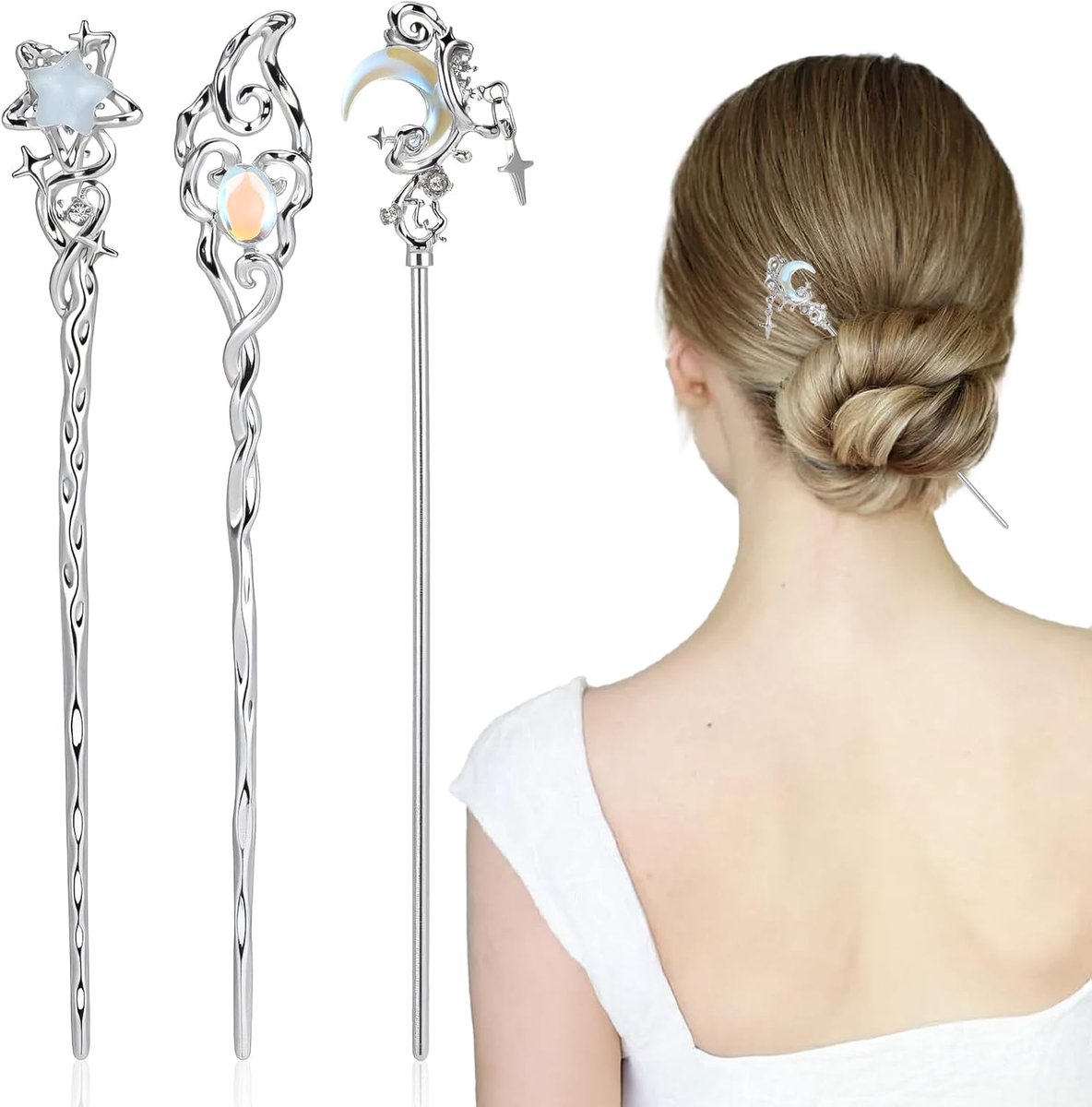 3Pcs Ster Maan Steen Haar Eetstokjes Voor Vrouwen, Metalen Haar Sticks Voor Broodjes Chinese Lange Haarspelden Hanfu Accessoires