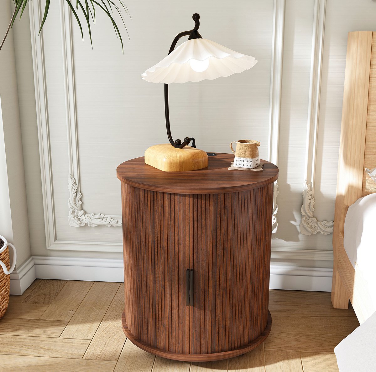 MIVRAY Kast - Zylindrisch Nachtkastje Met Schuifdeur En Oplaadpunt - Voor Slaapkamer En Woonkamer - MDF - Walnoot - 60 Cm