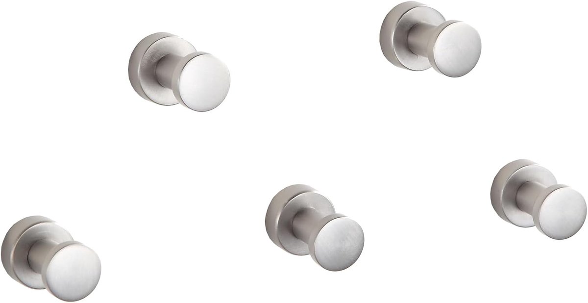 SnelShoppen - Handdoekhaken geborsteld nikkel - Set van 5 | Messing wandhaken voor badkamer & keuken | Zelfklevend of voor wandmontage