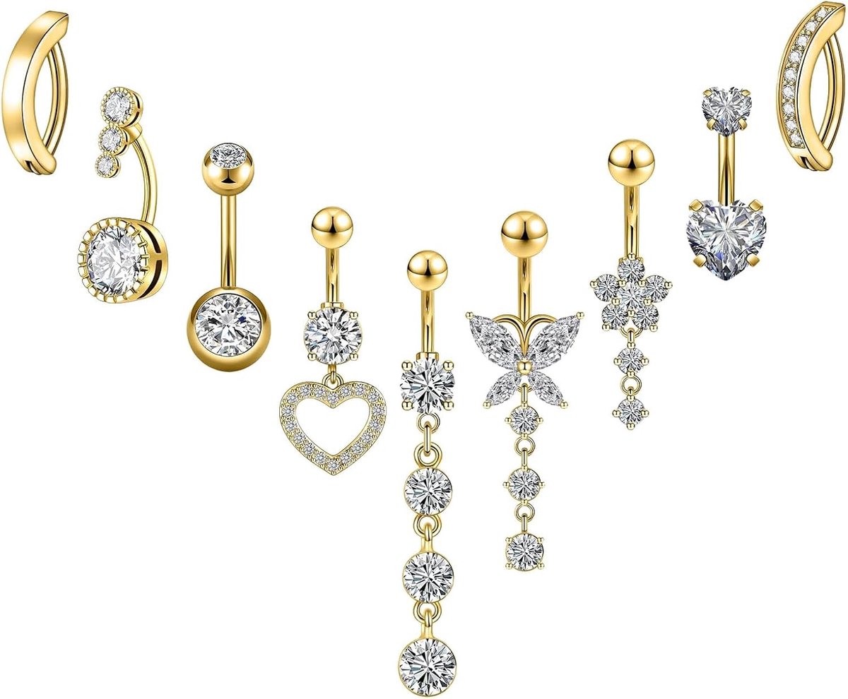 Set Met 9 Stuks, Chirurgisch Staal Navelpiercing Goud Met Korte En