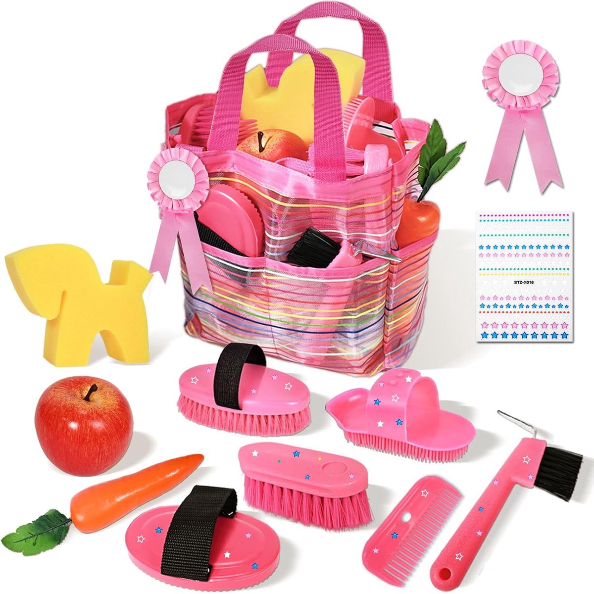 SnelShoppen - Compleet Paarden Verzorgingsset voor Kinderen - Inclusief Hobbypaard Accessoires, Roze en Blauwe Kleur, Perfect voor Kinderen en Spelen