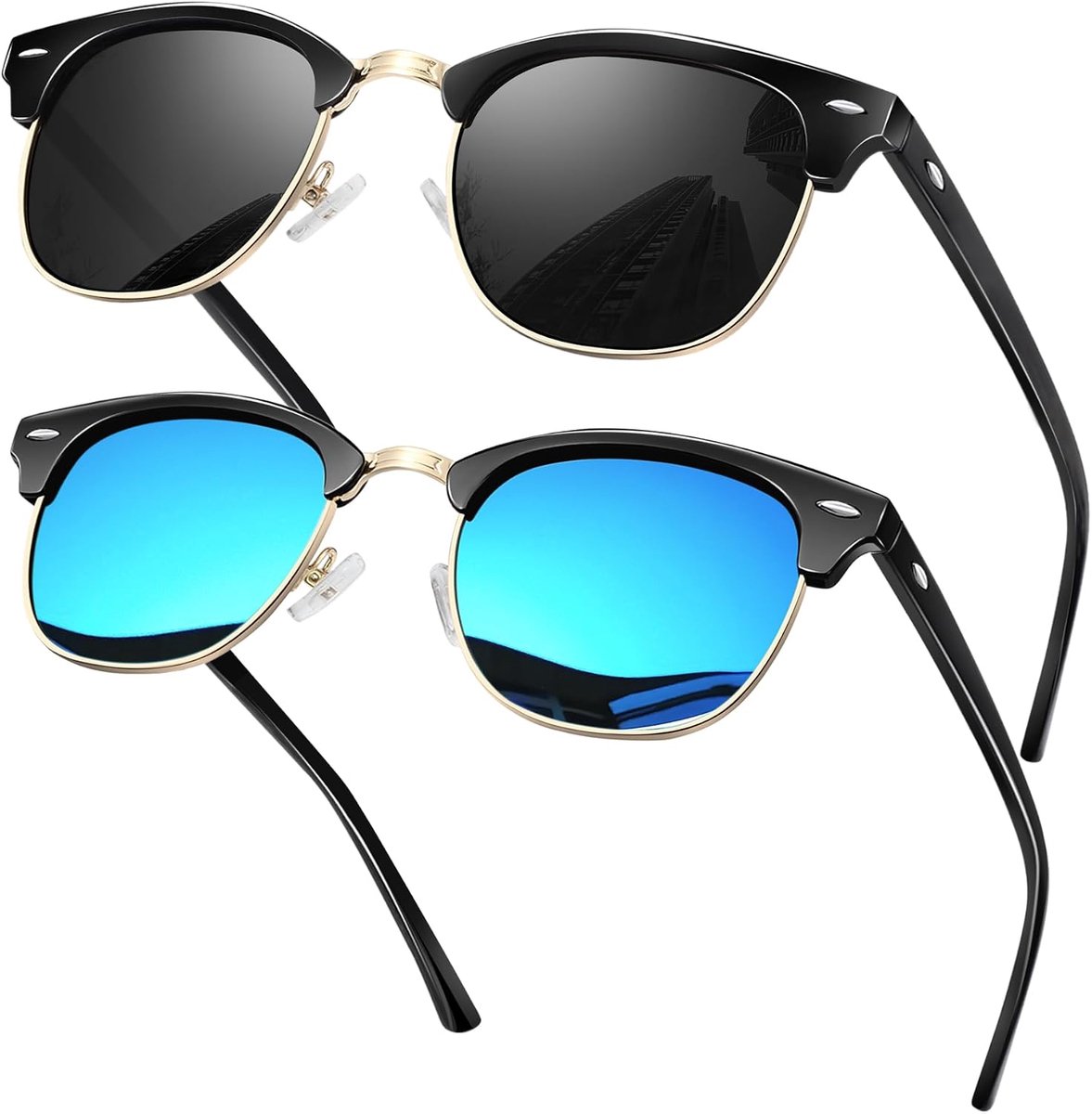 2 Paar Half Frame Zonnebril Heren Dames | Gepolariseerd,UV400,TAC,9 Lagen,PC en Metaal,Vierkant,Lichtgewicht,Autorijden,Retro,Vintage,Klassiek,Veelzijdig,Antislip