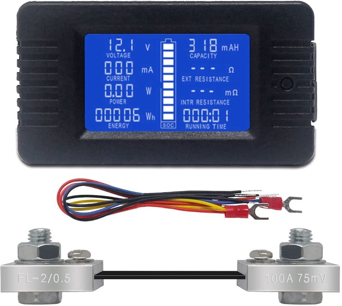 Digitale Voltmeter en Amperemeter voor DC Batterijen - LCD Multimeter voor Energie Monitoring, Voltage, Stroom en Capaciteit tot 200V en 100A