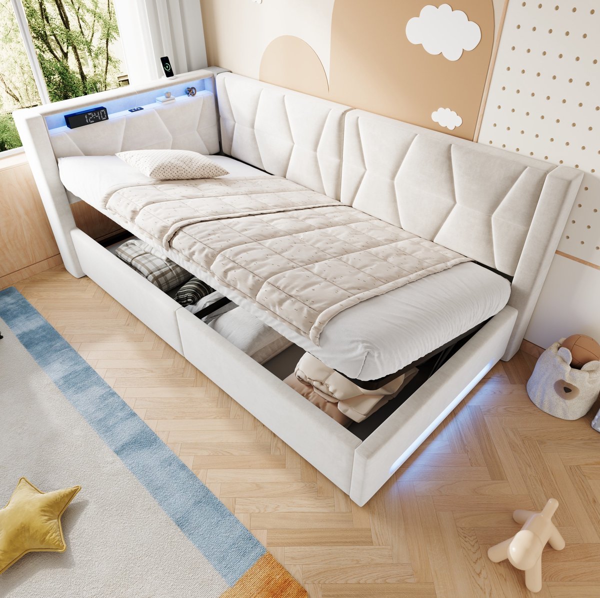 MIVRAY Gestoffeerd Bed 90x200 cm Zonder Matras - Met LED, USB, Type C En Hydraulische Opbergruimte - Eenpersoonsbed Van Fluweel - Beige