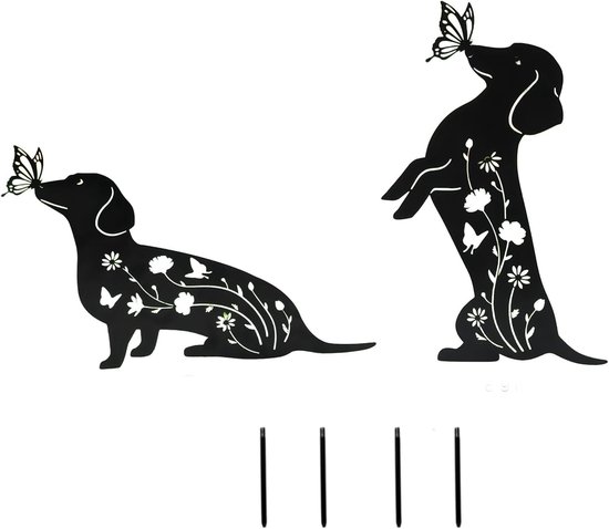 Decoratieve Tuinsteker Set van 2 - Zwarte Teckel Tuinaccessoires van Metaal, Weerbestendig en Praktisch voor Buiten, 24 x 38 cm en 36 x 22,5 cm