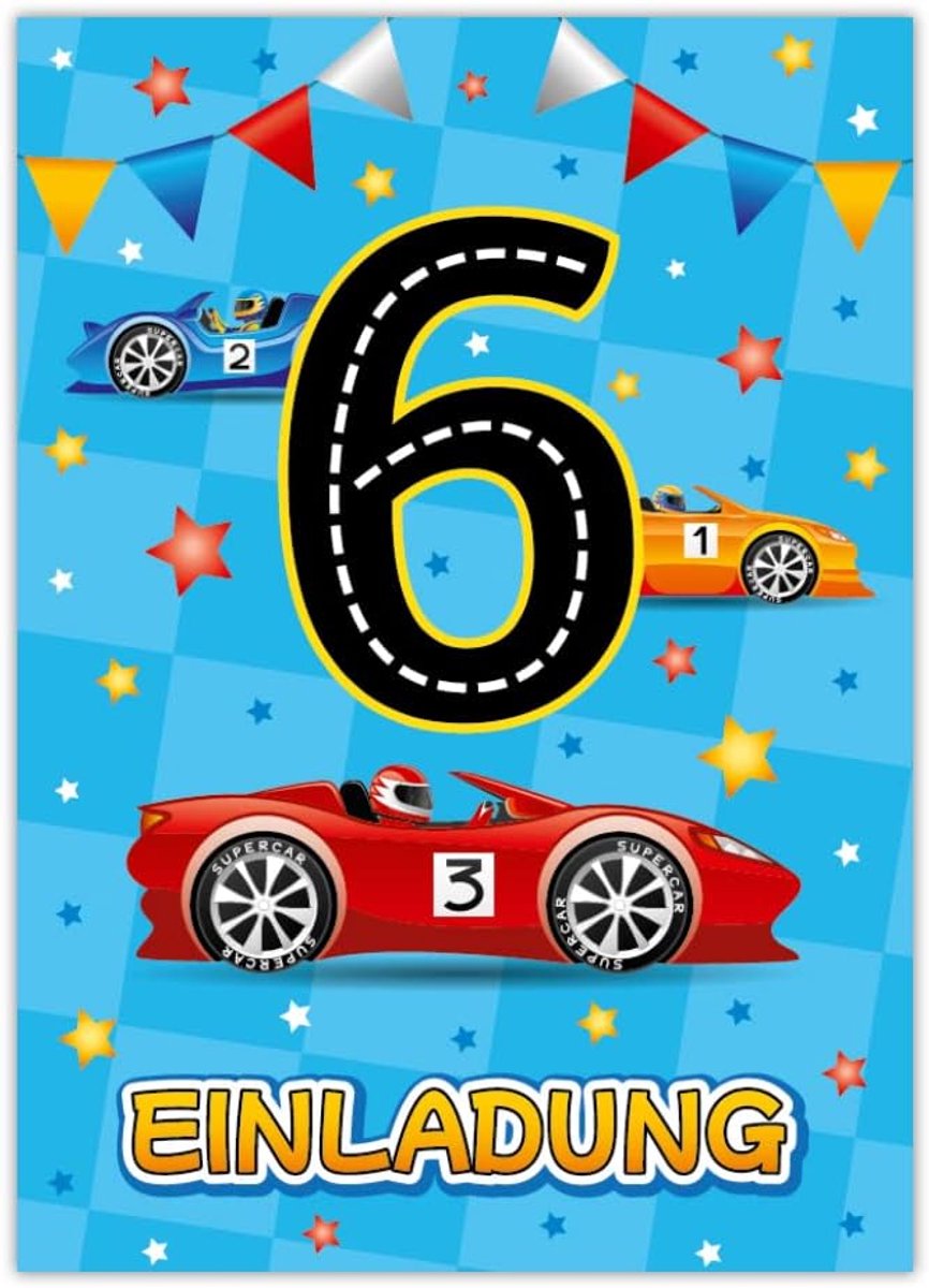 Uitnodigingen voor 6e verjaardag - raceauto ontwerp - 12 kaartjes - ideaal voor jongensfeest - SnelShoppen