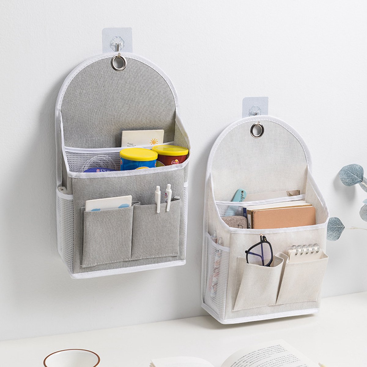 Wandhangende Opbergtas - 2 Stuks Met Vakken en Kleefhaak - Waterdichte Stof Organizer - Geschikt voor Kastdeur, Slaapkamer, Badkamer, Kantoor en Keuken - Ruimtebesparend - Hangende opbergorganizer – 23 × 10 × 41 cm – Grijs, beige