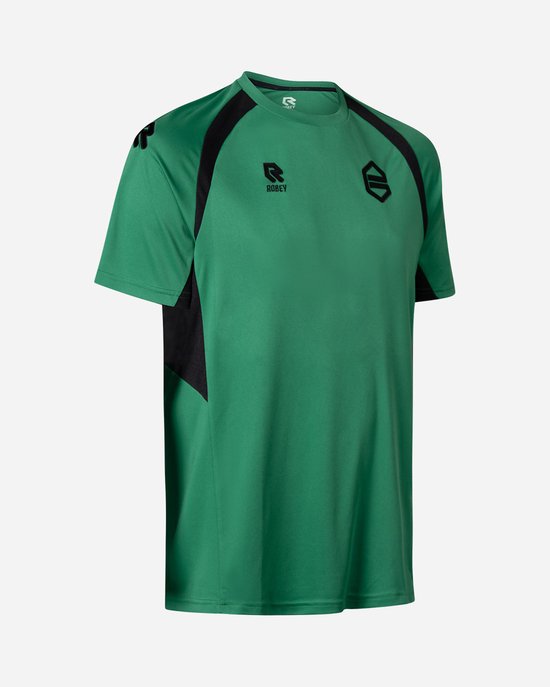 Groen sportshirt met zwart logo op de borst en zwarte accenten op de schouders en zijkanten. Robey logo op de kraag.
