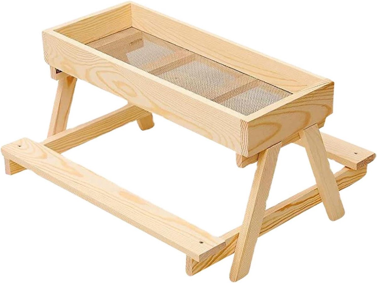 Kippentafel Voederbak - Houten Voederstation - Hygiënisch Voeren - Gaasbodem Drainage - 37.5x37.5x21 cm - Houtkleur