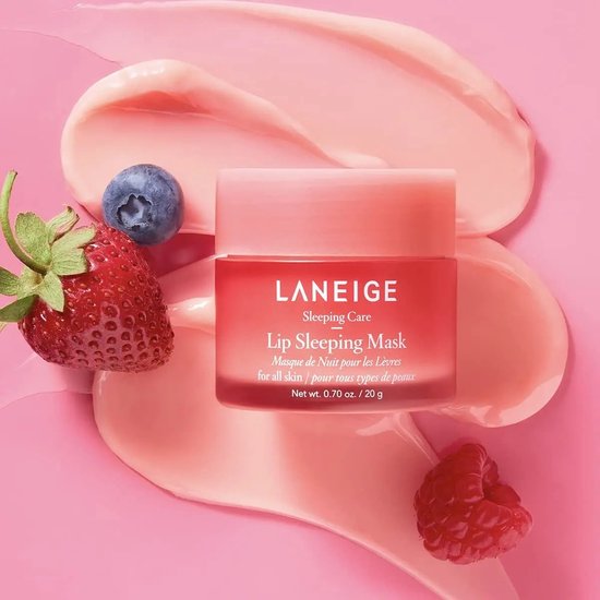 LANEIGE Lip Sleeping Mask à la Berry. Pot rouge avec crème rose, fraise, myrtille et framboise.