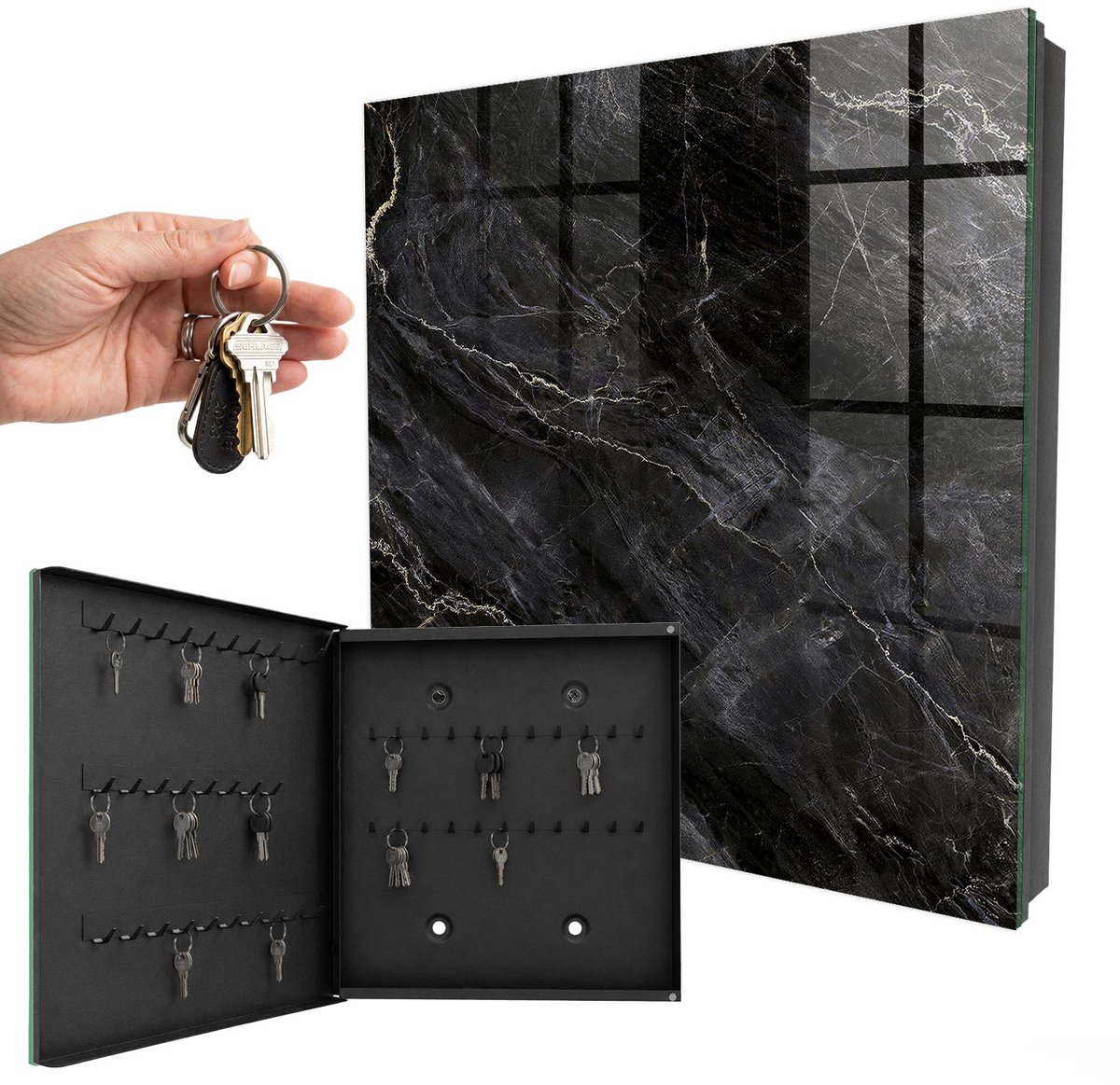 WallMuralia - Sleutelkast - 30x30x5 cm - met 50 haken - Stijlvolle Elegantie Sleutelkastje - Zwart Sleutelbox - Linksopenend - Zwart interieur