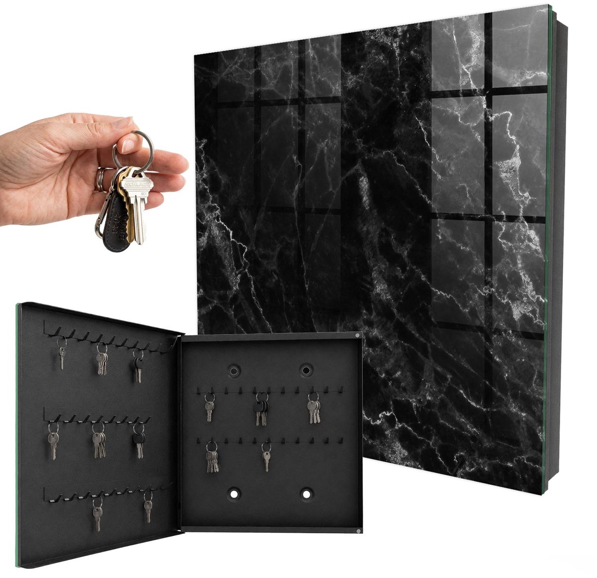WallMuralia - Sleutelkast - 30x30x5 cm - met 50 haken - Marmerpatroon Sleutelkastje Gang - Zwart Sleutelbox - Linksopenend - Zwart interieur