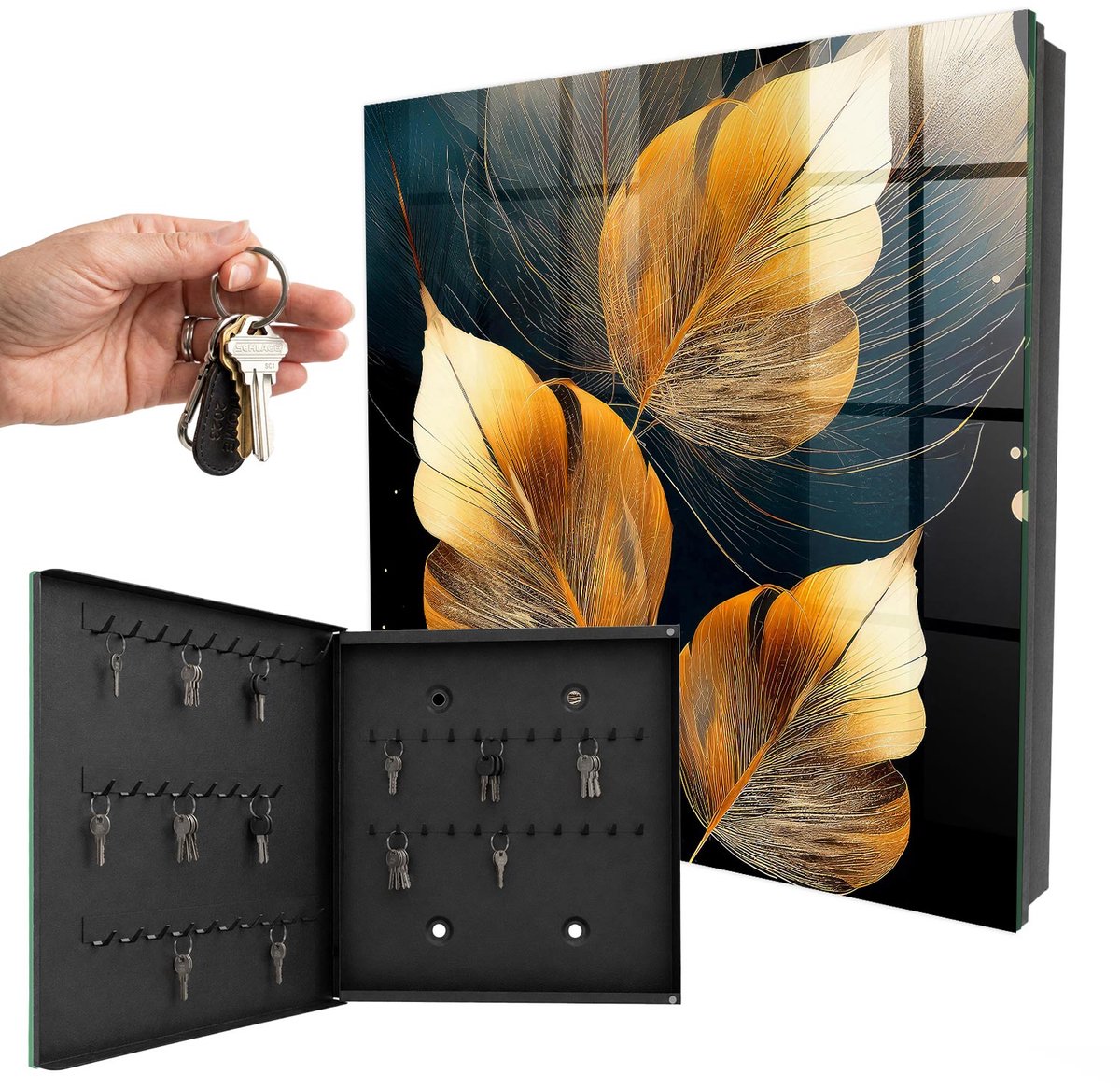 WallMuralia - Sleutelkast - 30x30x5 cm - met 50 haken - Bladeren Van Elegantie Sleutelkastje Gang - Geel Sleutelbox - Linksopenend - Zwart interieur
