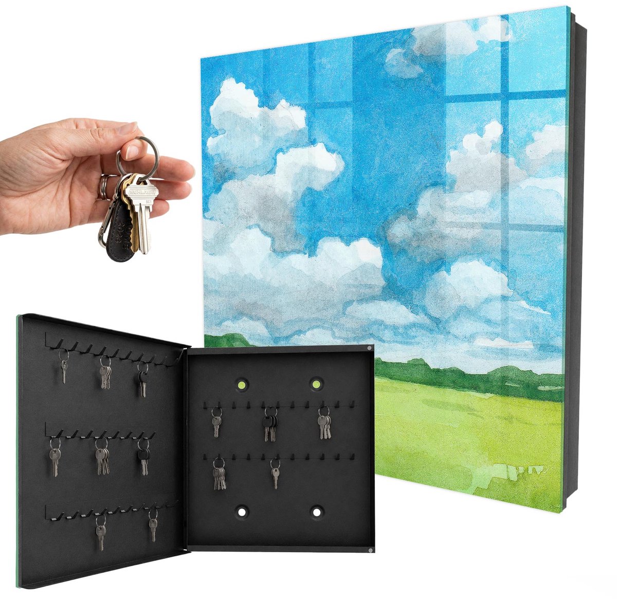 WallMuralia - Sleutelkast - 30x30x5 cm - met 50 haken - Zomerlandschap Sleutelkastje Design - Blauw Sleutelbox - Linksopenend - Zwart interieur