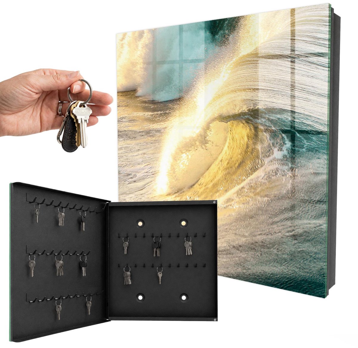WallMuralia - Sleutelkast - 30x30x5 cm - met 50 haken - Zeegolf Sleutelkastje Klein - Geel Sleutelbox - Linksopenend - Zwart interieur