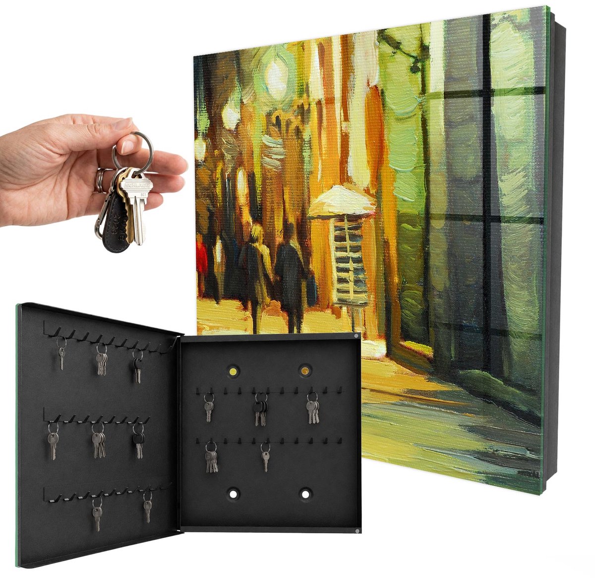 WallMuralia - Sleutelkast - 30x30x5 cm - met 50 haken - Nachtstad Sleutelkastje Industrieel - Groente Sleutelbox - Linksopenend - Zwart interieur