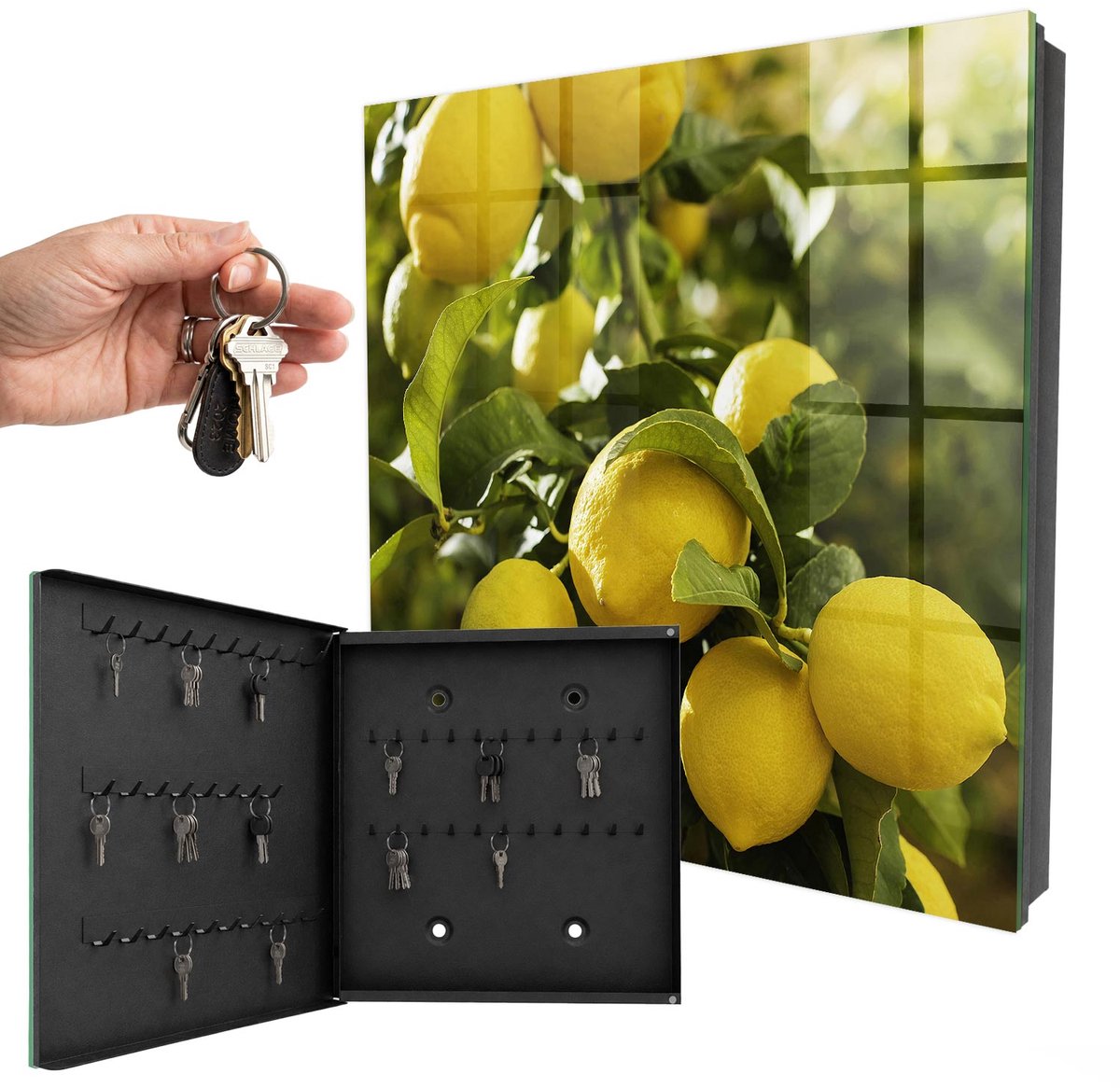 WallMuralia - Sleutelkast - 30x30x5 cm - met 50 haken - Sappige Frisheid Sleutelkastje Klein - Geel Sleutelbox - Linksopenend - Zwart interieur
