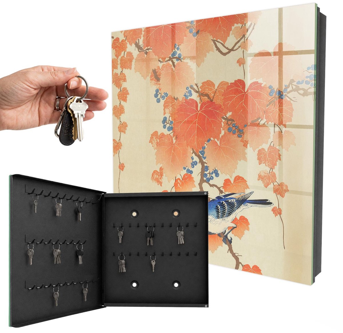 WallMuralia - Sleutelkast - 30x30x5 cm - met 50 haken - Vogel En Bladeren Sleutelkastje Klein - Oranje Sleutelbox - Linksopenend - Zwart interieur