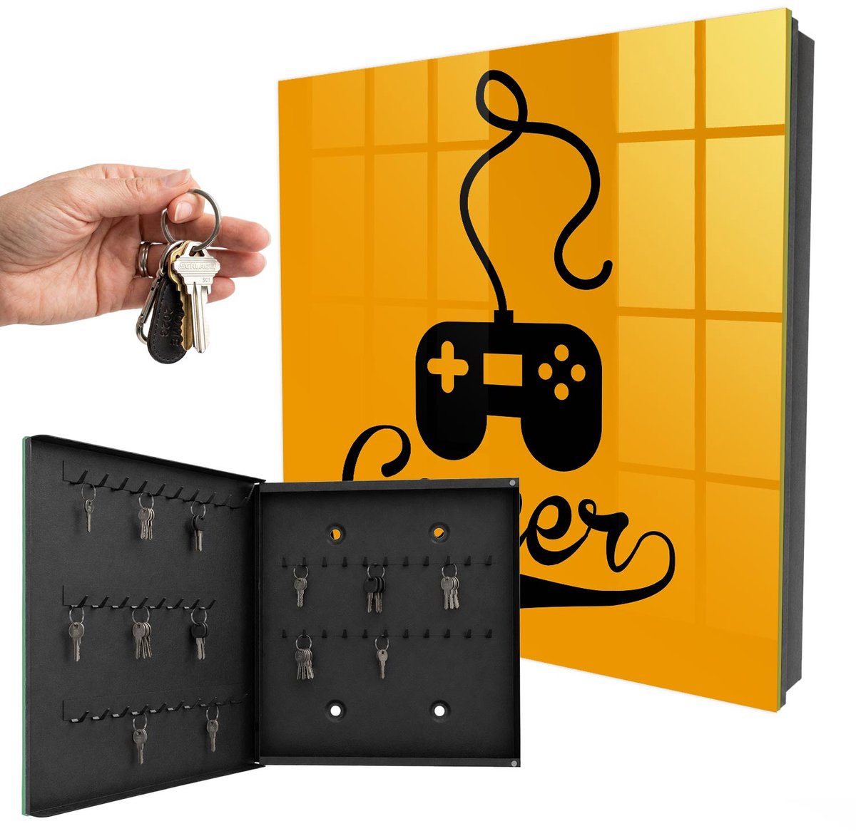 WallMuralia - Sleutelkast - 30x30x5 cm - met 50 haken - Pad En Het Woord Gamer Sleutelkastje - Oranje Sleutelbox - Linksopenend - Zwart interieur