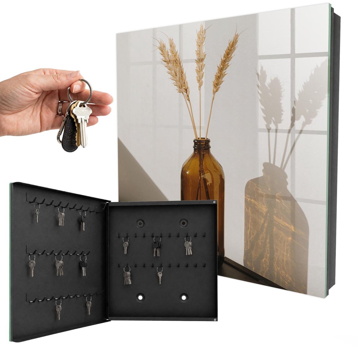 WallMuralia - Sleutelkast - 30x30x5 cm - met 50 haken - Een Fles Ontbijtgranen Sleutelkastje Modern - Beige Sleutelbox - Linksopenend - Zwart interieur