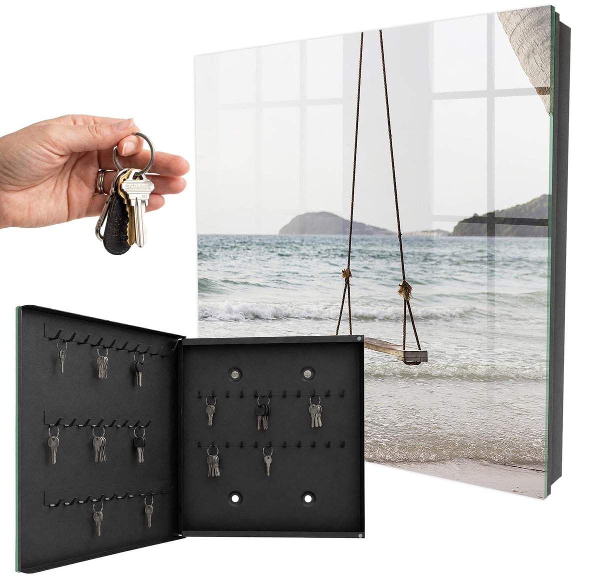 WallMuralia - Sleutelkast - 30x30x5 cm - met 50 haken - Idylle Aan Het Strand Sleutelkastje Klein - Wit Sleutelbox - Linksopenend - Zwart interieur