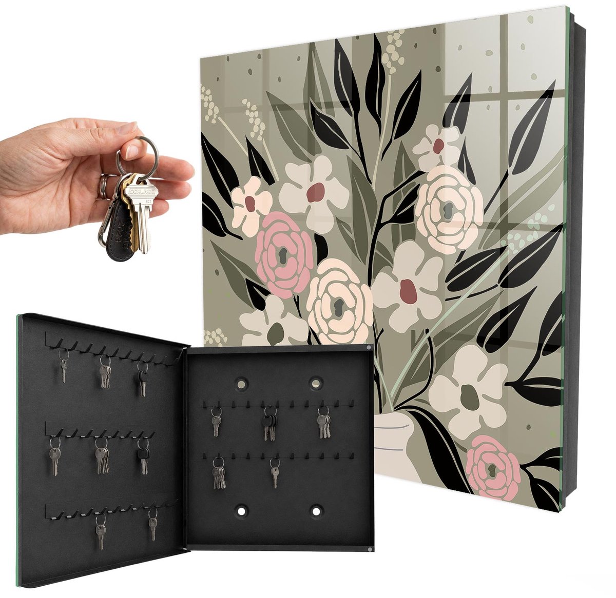 WallMuralia - Sleutelkast - 30x30x5 cm - met 50 haken - Bloemarrangement Sleutelkastje Huis - Beige Sleutelbox - Linksopenend - Zwart interieur