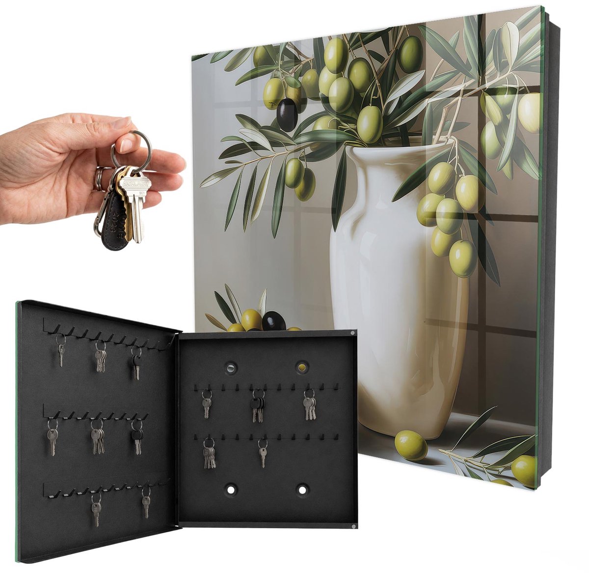 WallMuralia - Sleutelkast - 30x30x5 cm - met 50 haken - Olijf Natuur Sleutelkastje - Groente Sleutelbox - Linksopenend - Zwart interieur