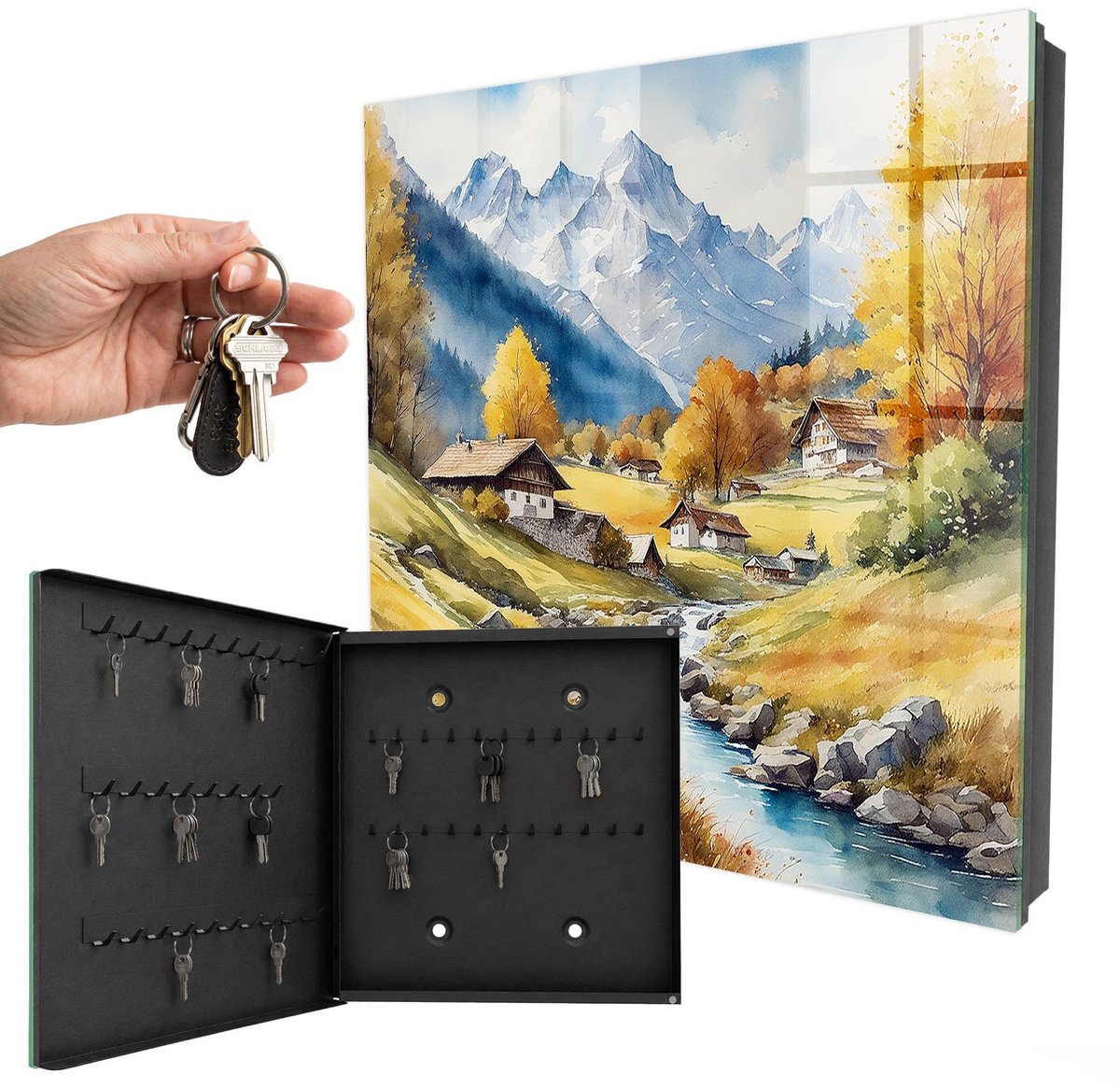 WallMuralia - Sleutelkast - 30x30x5 cm - met 50 haken - Bergvrede Sleutelkastje Hal - Geel Sleutelbox - Linksopenend - Zwart interieur