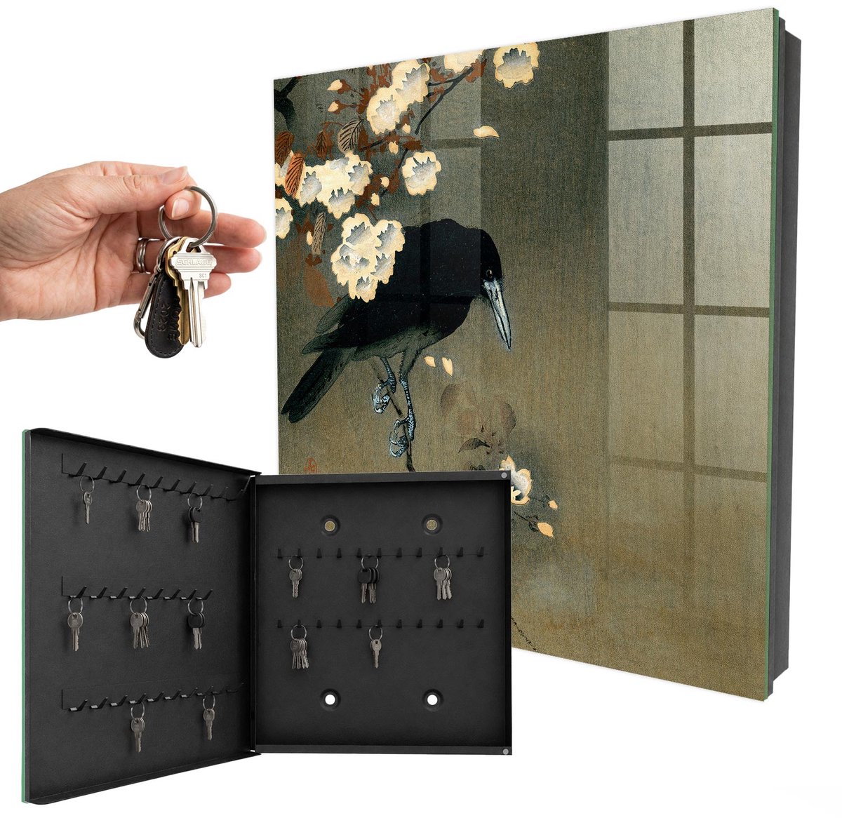 WallMuralia - Sleutelkast - 30x30x5 cm - met 50 haken - Ohara Koson De Kraai En De Kersenbloesems Sleutelkastje - Zwart Sleutelbox - Linksopenend - Zwart interieur