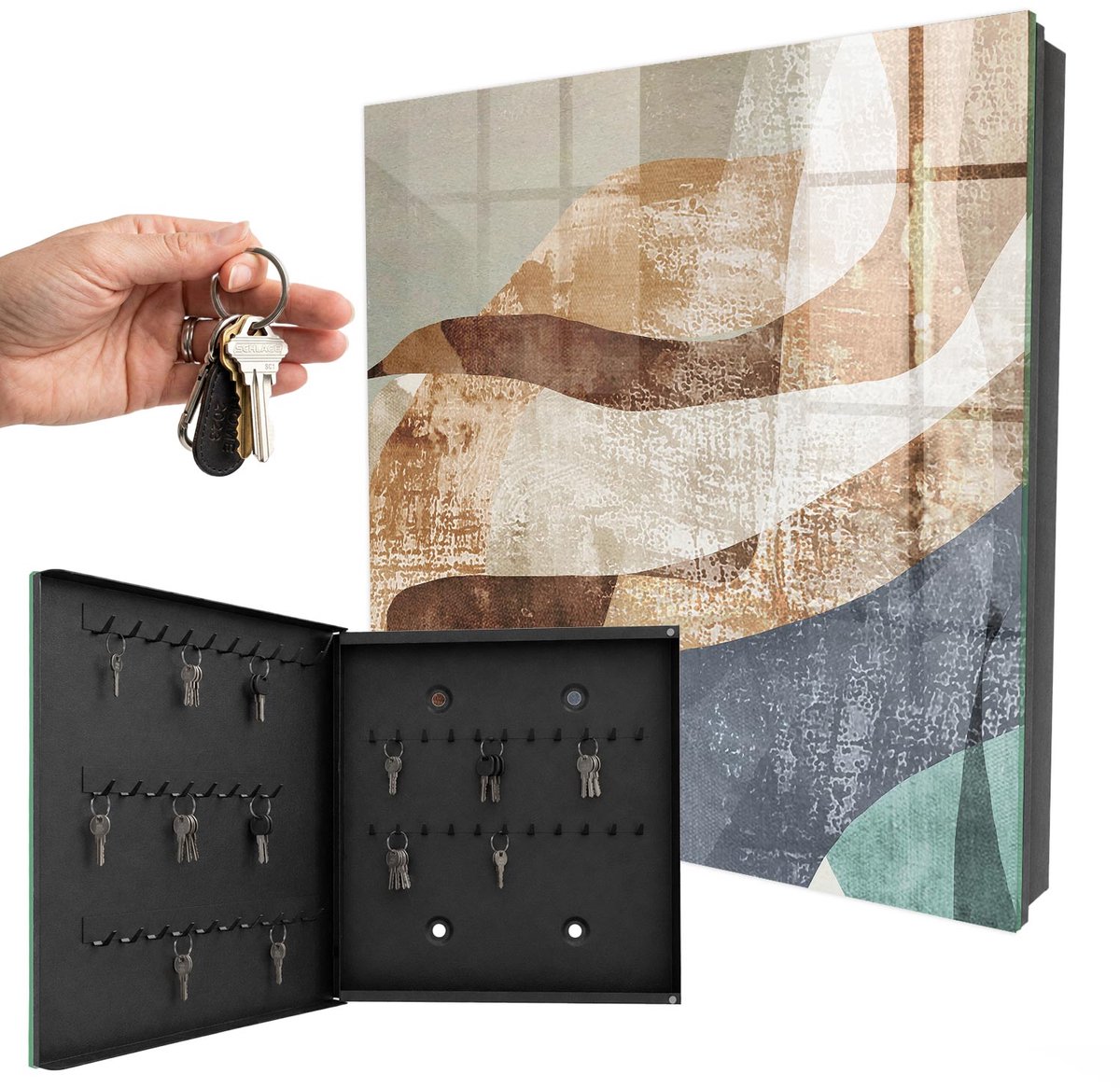 WallMuralia - Sleutelkast - 30x30x5 cm - met 50 haken - Organische Vormen Sleutelkastje Muur - Bruin Sleutelbox - Linksopenend - Zwart interieur